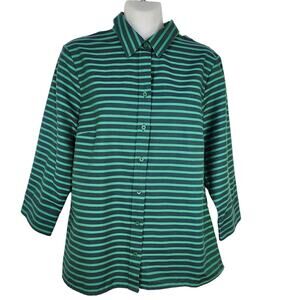 Coldwater Creek Women Blouse M 10-12 Striped No Iron Button Up 3/4 Sleeves Green